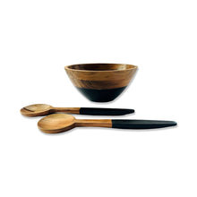 Load image into Gallery viewer, Wood and Black Salad Bowl and Servers
