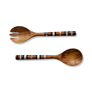 Wooden Black and White Striped Salad Servers