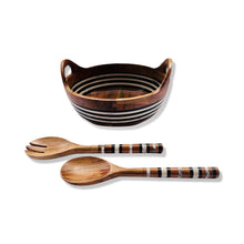 Load image into Gallery viewer, Wooden Black and White Striped Salad Bowl with Handles and Servers Set
