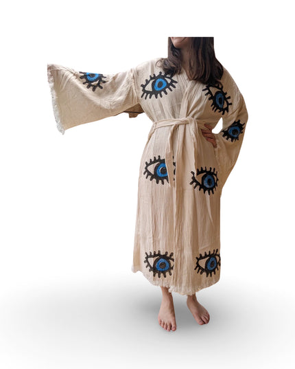 Hand Painted Cotton Kimono with Blue Evil Eyes