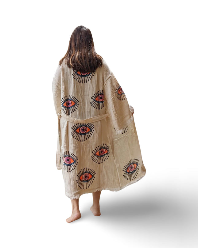 Hand Painted Cotton Kimono with Neon Evil Eyes