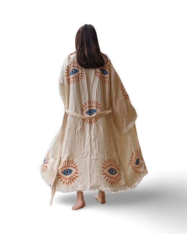 Hand Painted Cotton Kimono with Orange Evil Eyes