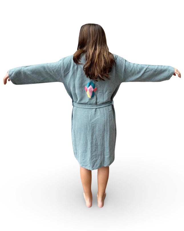 Teal Robe with Hamsa Embroidery