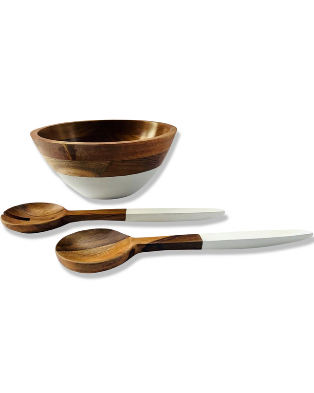 Wood and White Salad Bowl and Servers