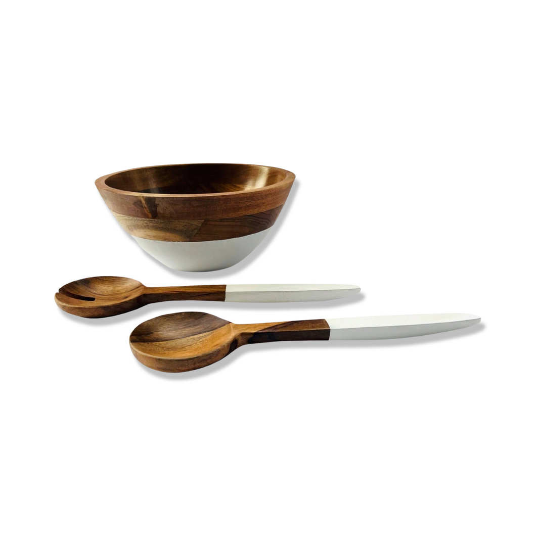 Wood and White Salad Bowl and Servers