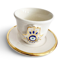 Load image into Gallery viewer, Hand painted Evil Eye Nazar Teacup and Saucer Hamsa Hand of Fatima
