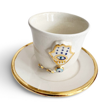 Load image into Gallery viewer, Hand painted Evil Eye Nazar Teacup and Saucer Hamsa Hand of Fatima
