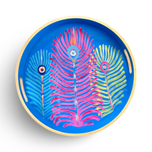 Load image into Gallery viewer, Hand Painted Round Wooden Blue Tray with Peacock Feathers
