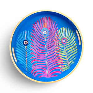 Hand Painted Round Wooden Blue Tray with Peacock Feathers