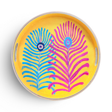 Load image into Gallery viewer, Hand Painted Round Wooden Yellow Tray with Peacock Feathers
