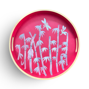 Hand Painted Red Round Tray with Bamboo