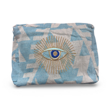 Load image into Gallery viewer, Blue White Cosmetic Pouch with Blue Evil Eye Nazar Embroidery
