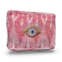 Load image into Gallery viewer, Pink White Cosmetic Pouch with Blue Evil Eye Nazar Embroidery
