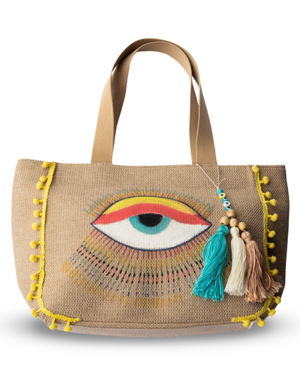 Hand Painted Evil Eye Canvas Beach Bag with Yellow Pom Poms