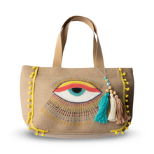 Load image into Gallery viewer, Hand Painted Evil Eye Canvas Beach Bag with Yellow Pom Poms

