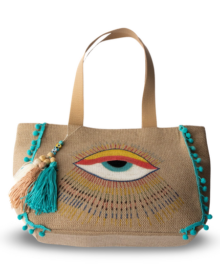 Hand Painted Evil Eye Canvas Beach Bag with Turquoise Pom Poms