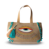 Hand Painted Evil Eye Canvas Beach Bag with Turquoise Pom Poms