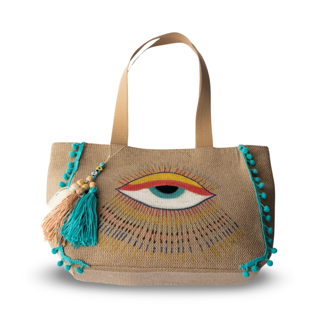 Hand Painted Evil Eye Canvas Beach Bag with Turquoise Pom Poms