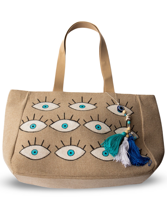 Hand Painted Canvas Beach Bag with Evil Eyes Nazar Tassels