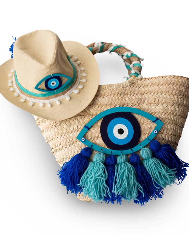 Evil Eye Straw Beach Bag and Hat