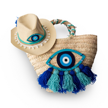 Load image into Gallery viewer, Evil Eye Straw Beach Bag and Hat
