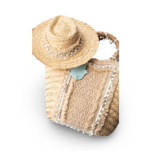 White Hand Beaded Beach Straw Bag and Hat