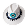 Hand Painted White Evil Eye Beach Hat with Pompoms 