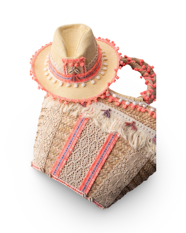 Orange Hand Beaded Straw Beach Hat and Bag