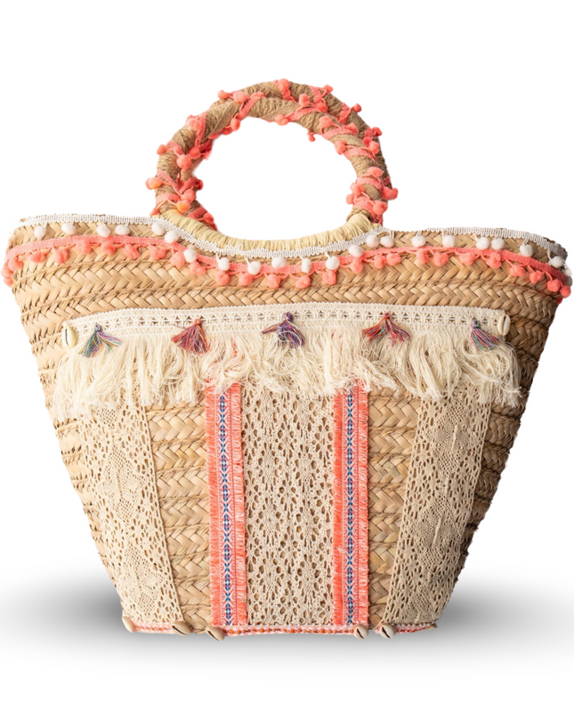 Orange Hand Beaded Straw Beach  Bag