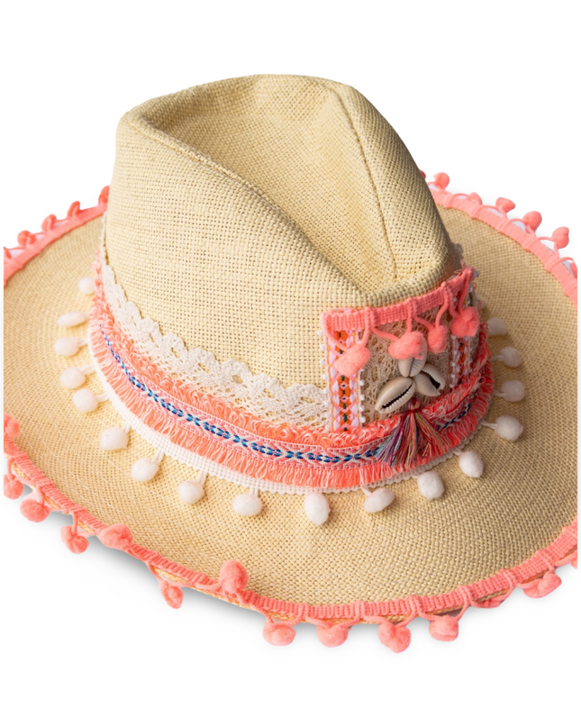 Orange Hand Beaded Straw Beach Hat