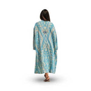 Blue Tribal Print Robe with Evil Eye Embroidery