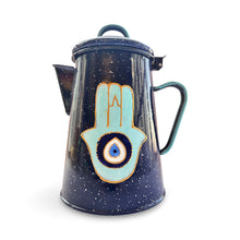 Load image into Gallery viewer, Blue Metal Hand-Painted Fatima Hamsa Teapot
