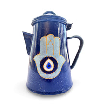 Load image into Gallery viewer, Blue Metal Hand-Painted Fatima Hamsa Teapot
