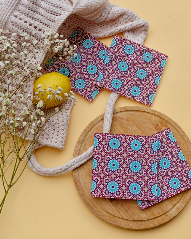 Red Turkish Design Acrylic Coasters on a yellow background