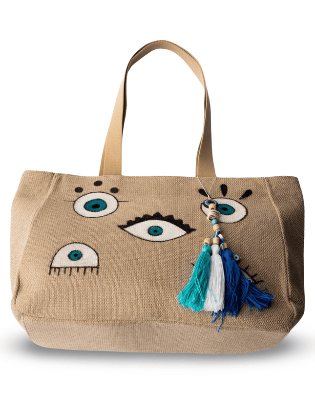 Hand Painted Canvas Beach Bag Evil Eye Nazar Tassels