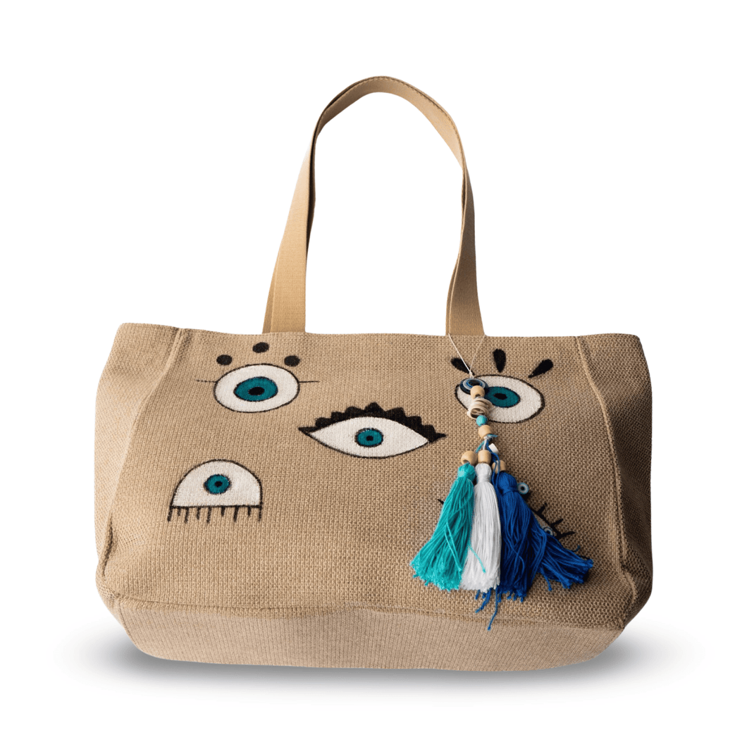 Hand Painted Canvas Beach Bag Evil Eye Nazar Tassels