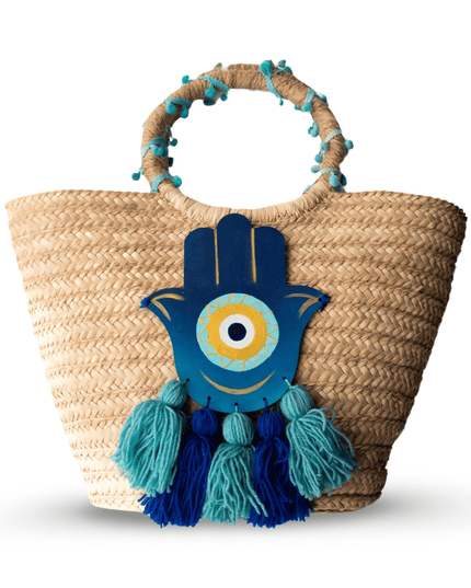 Straw Beach Bag with Blue Wooden Hand-Painted Hamsa Evil Eye and Tassels