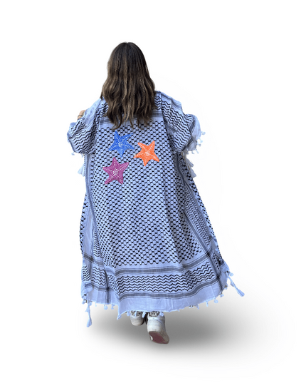 Hand-Painted Black and White Kaftan with Multi-Colored Starfish