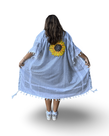 Hand-Painted Gray Kaftan with Yellow Sunflower