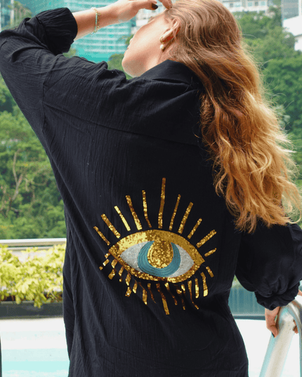 Casa Duniya Beach Cover-Ups Mina Black Evil Eye Shirt