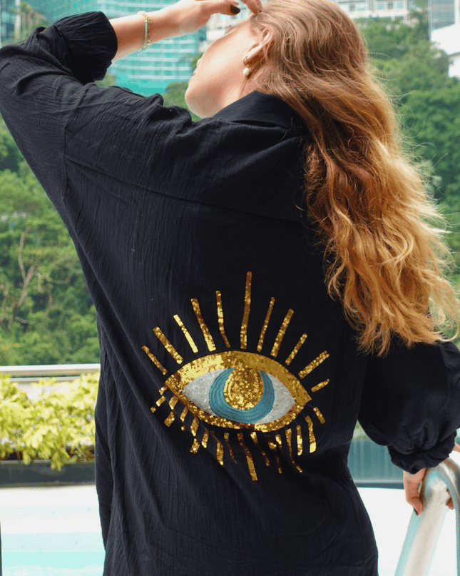 Casa Duniya Beach Cover-Ups Mina Black Evil Eye Shirt