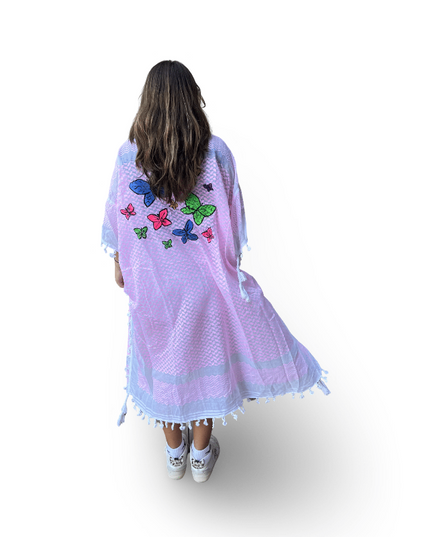Hand-Painted Pink Kaftan with Multi-Colored Butterflies