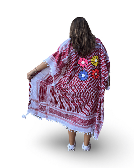Hand-Painted Red Kaftan with Multi Colored Flowers