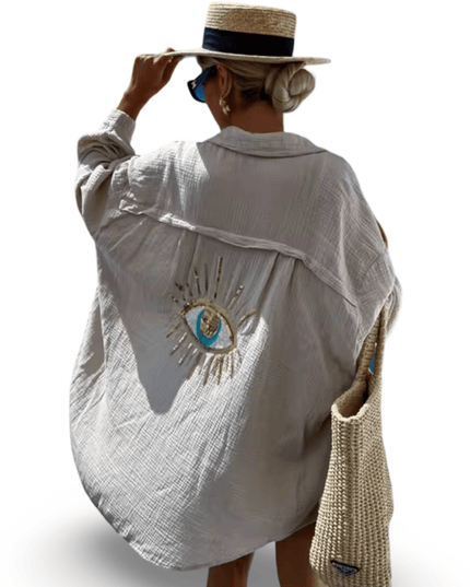 Casa Duniya Beach Cover-Ups Small Mina Beige Evil Eye Shirt