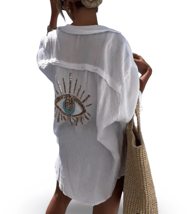 Casa Duniya Sequin Evil Eye Beach Shirt White Size Small Mina Evil Eye Shirt