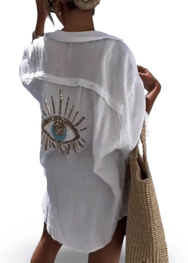Casa Duniya Sequin Evil Eye Beach Shirt White Size Small Mina Evil Eye Shirt