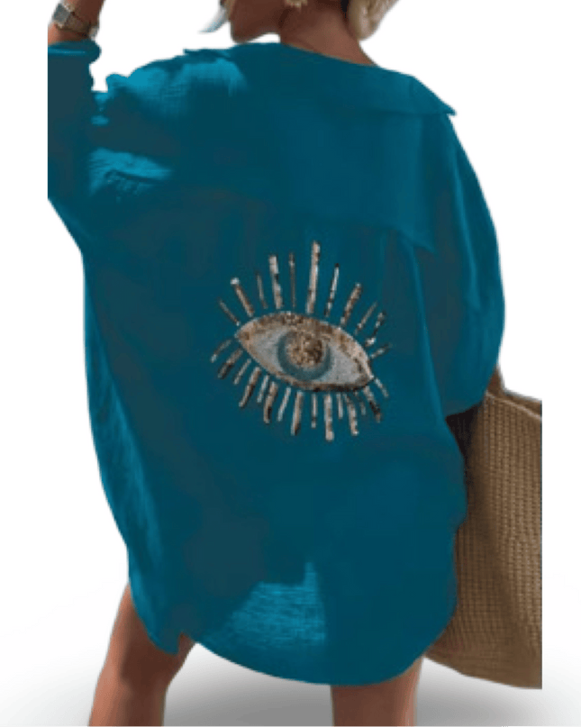 Casa Duniya Beach Cover-Ups Small Mina Teal Evil Eye Shirt