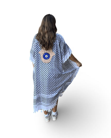 Hand-Painted Black and White Kaftan with Gold Hamsa
