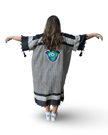 Hand-Painted Black Kaftan with Blue and Green Hamsa