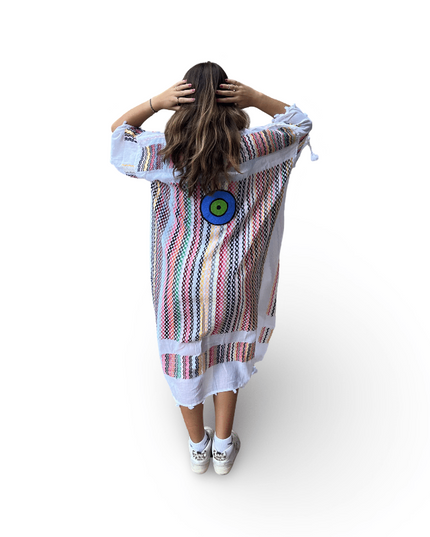 Hand-Painted Multi-Colored Kaftan with Evil Eye